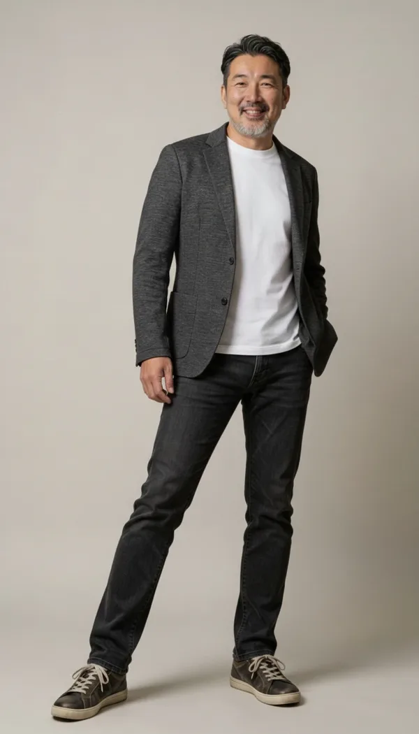 Zuigen, smiling, in a grey jacket and white T-shirt